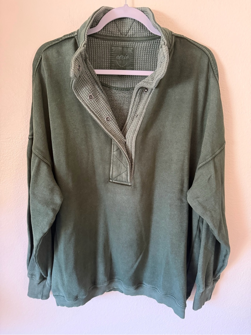 aerie Olive Green Snap-Neck Pullover Sweatshirt
